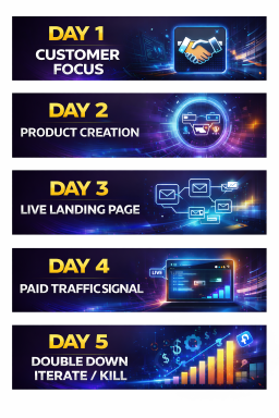 Five banner images with text and icons for each day of a process, set against a dark background.