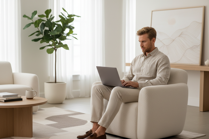 Blonde man working on laptop