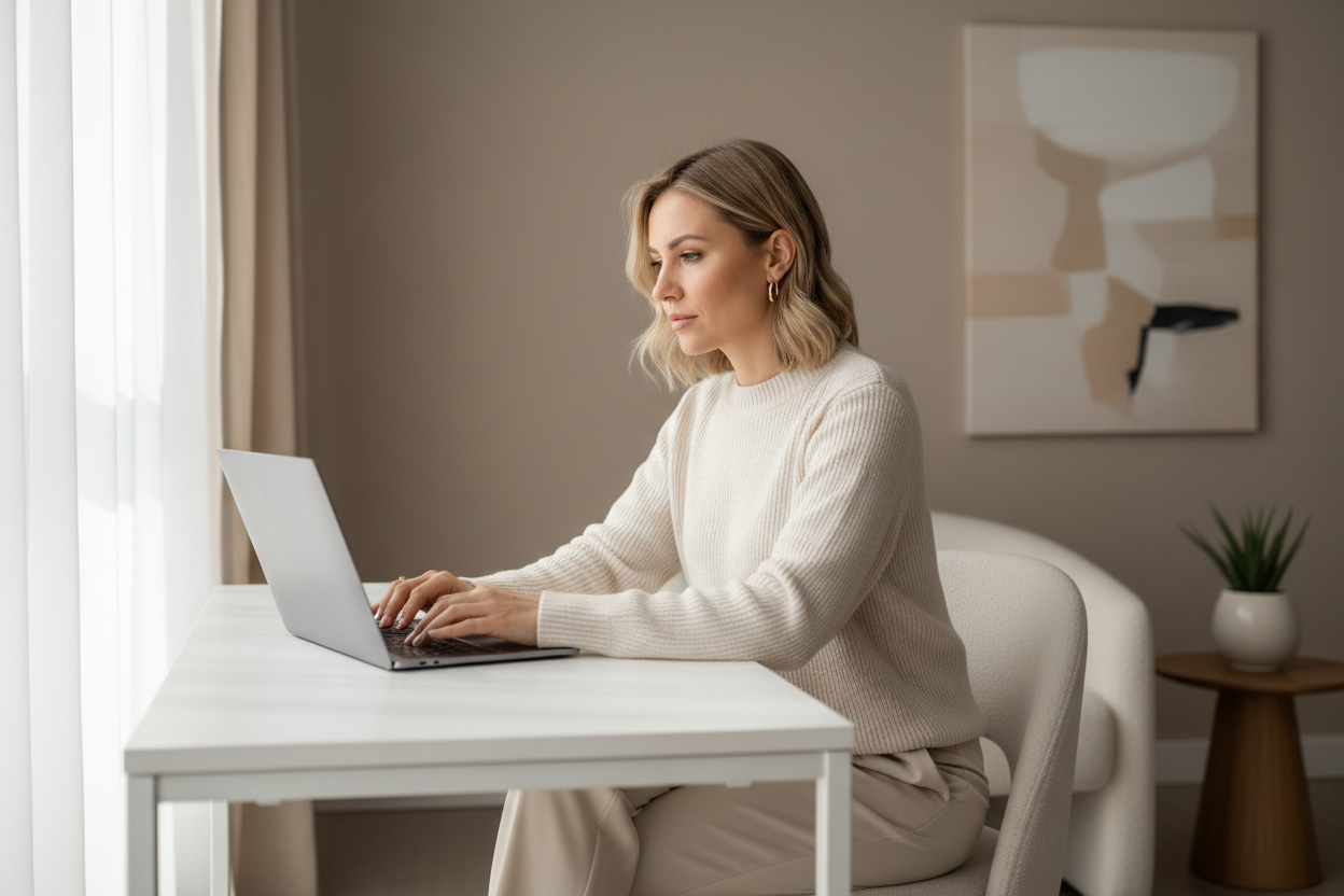 Blonde woman working on laptop